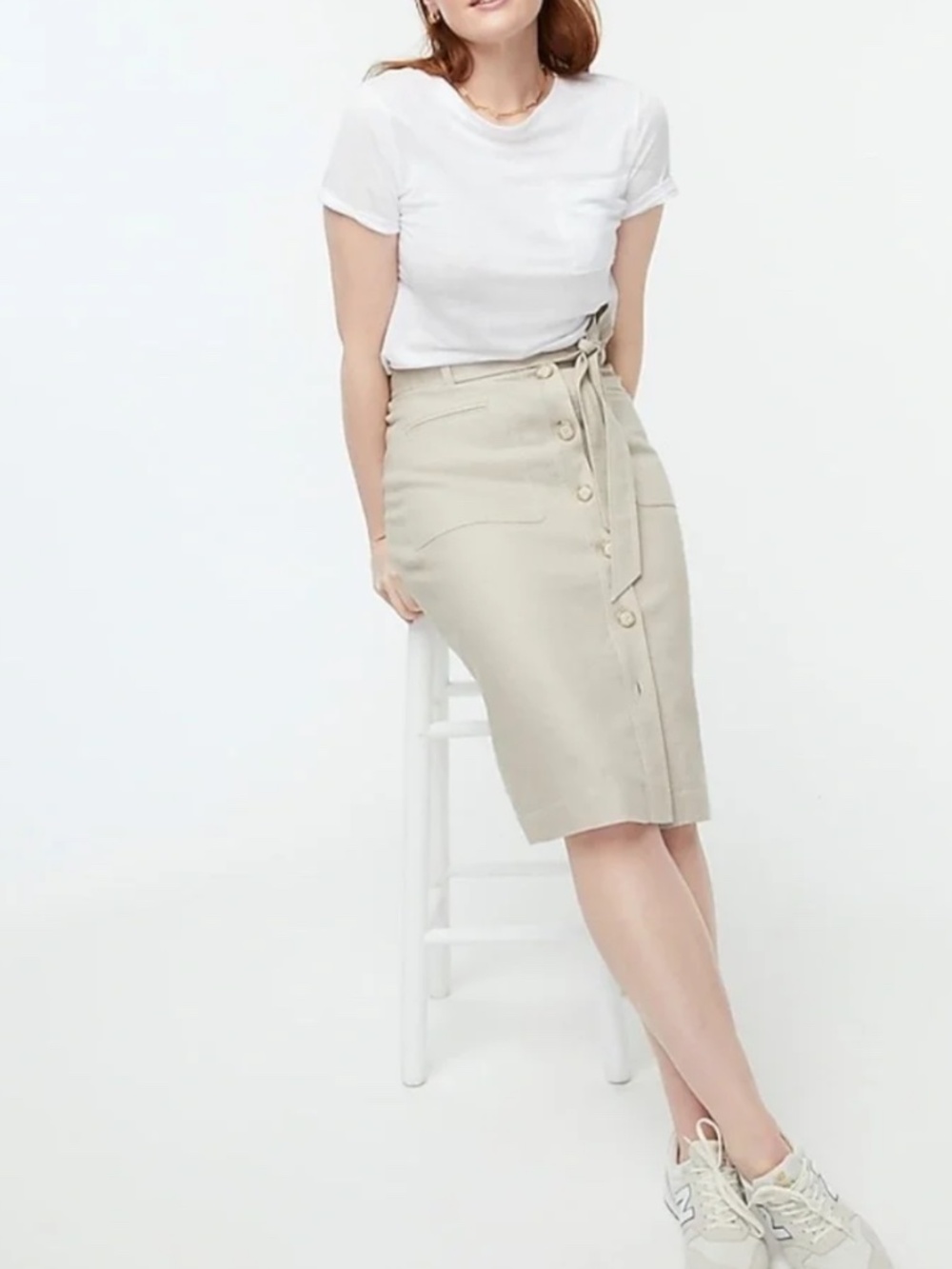 J. Crew Linen Blend Button Front A-Line Skirt Flax 12 Neutral Coastal Casual NWT